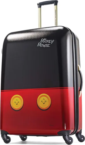 American Tourister Maleta rígida con ruedas giratorias de Disney, Pantalones de Mickey Mouse color negro, rojo, Disney Hardside Equipaje con ruedas