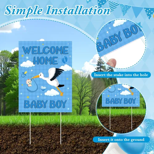 Miniatura 3 de 2 carteles decorativos de bienvenida para el patio del bebé, niño y niño, con estacas, diseño de elefante azul para baby shower, suministros de Azul