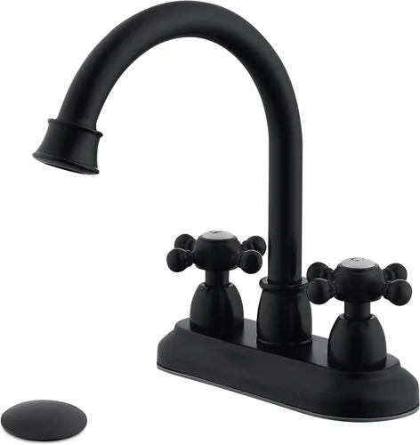 Grifo de lavabo de baño de 4 pulgadas, color negro mate, grifo de tocador vintage de 2 manijas para lavabo de baño