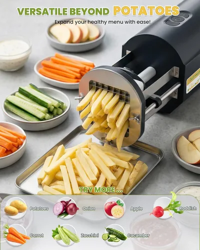 Miniatura 7 de Cortador eléctrico de papas fritas con cuchillas de acero inoxidable de 1/2 y 3/8 pulgadas, bandeja personalizada profesional para cortadores