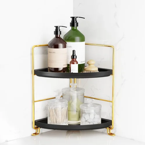 Miniatura 9 de FSyueyun Organizador esquinero de 2 niveles para mostrador de baño, instalación sin herramientas, estante de tocador de plástico pequeño, bandeja