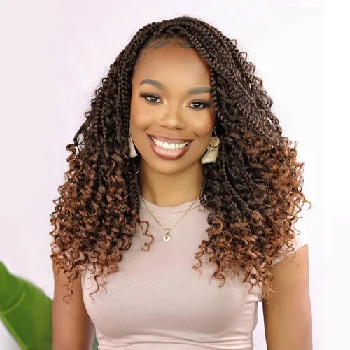 Miniatura 20 de Wodun Extensiones de cabello de ganchillo Goddess de 14 pulgadas, trenzas de caja con extremos rizados 3X estilo bohemio, extensiones de cabello