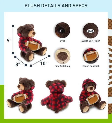 Miniatura 3 de DolliBu Peluche de oso marrón con felpa de fútbol – Oso súper suave para abrazar con capucha a cuadros rojos, juguete de peluche regalo de vida