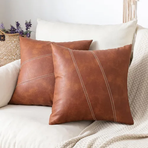 Juego de 2 fundas de almohada decorativas de piel sintética estilo granja, 20x20 pulgadas, fundas de almohada modernas estilo bohemio color cognac a