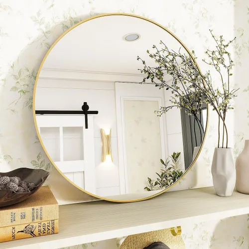 Miniatura 4 de VooBang Espejo de Baño Redondo Dorado, Espejo Circular de Pared Montado de 24 Pulgadas con Marco de Metal Circular Simple y Moderno para Pasillo