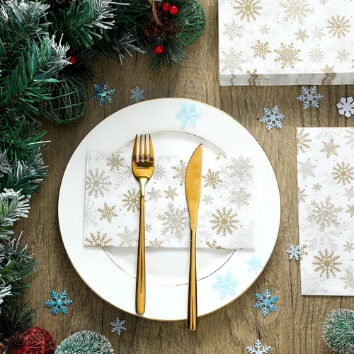 Miniatura 5 de Hotop Paquete de 300 servilletas desechables de Navidad con copos de nieve, toallas de mano desechables de papel para invitados, servilletas