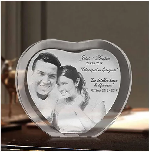 Miniatura 5 de personalizado personalizado grabado láser 3D, marco de fotos personalizado en forma de corazón con cristal grabado láser, boda, inauguración