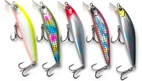 Minnow - Juego de señuelos de pesca, cebos duros con colores vibrantes para trucha, lubina, perca, ideal para pesca de arroyo y lago, 5 piezas