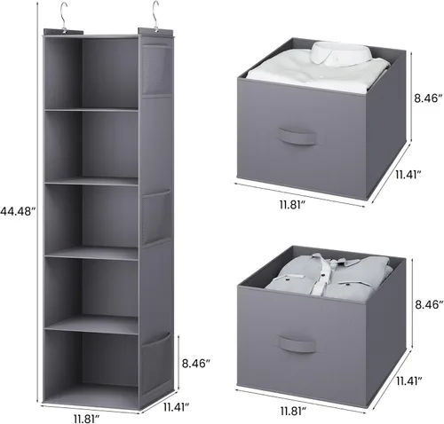 Miniatura 3 de YOUDENOVA Organizador colgante de armario, estantes colgantes de armario de 5 niveles con 6 bolsillos laterales y 2 cajones, color gris