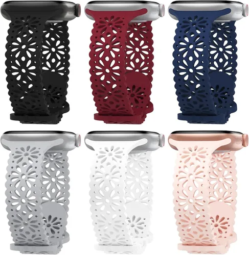 Miniatura 12 de Paquete de 6 correas de silicona delgadas y huecas de encaje compatibles con Apple Watch de 1.496 pulgadas, 1.575 pulgadas, 1.614 pulgadas, 1.654