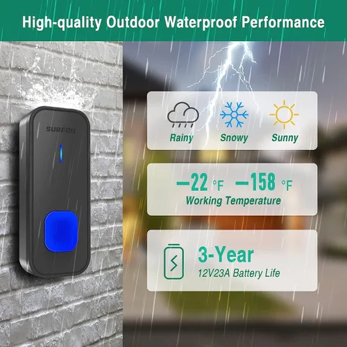 Miniatura 5 de SURFOU Timbre inalámbrico, impermeable, fácil instalación, rango de 1300 pies, 55 campanillas, 5 niveles de volumen ajustables, flash LED
