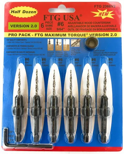 Miniatura 2 de FTG USA Juego de brocas avellanadoras para madera con broca cónica, 6 piezas, #6 (9/64")