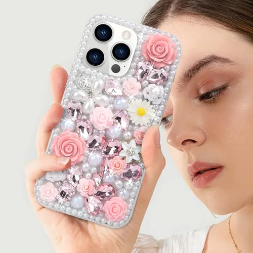 Miniatura 6 de para iPhone 14 Pro - Funda con Purpurina y Diamantes de Imitación, de Lujo, con Cristales Brillantes, Flores de Rosa, Perlas Florales, Pulseras