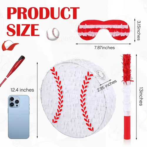 Miniatura 2 de Deekin Pequeña Piñata de Béisbol con Bastón, Venda para los Ojos y Confeti para Suministros de Decoración de Fiesta Temática Deportiva