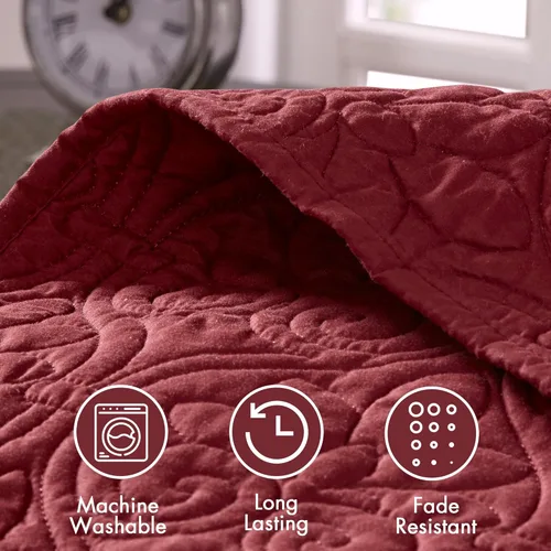 Miniatura 6 de Madison Park Quebec Juego de ropa de cama tamaño queen, color rojo, damasco, 3 piezas, fundas de colcha de microfibra ultra suave, colcha acolchada