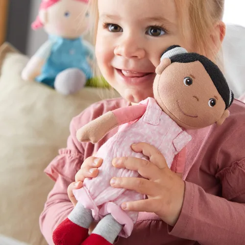 Miniatura 3 de HABA Snug Up Doll Rumbi - Muñeca suave de 10 pulgadas con cabello negro y overol rosa - Lavable a máquina para 18 meses en adelante