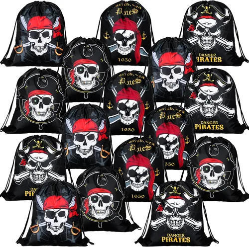 Kacctyen 24 bolsas de regalo para fiesta de pirata, para Halloween, capitán pirata, calavera, con cordón, para niños y niñas, con temática de