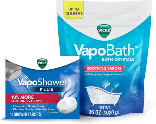 Vicks VapoShower Plus, tabletas de bomba de ducha, vaporizadores calmantes no medicados, 12 tabletas y cristales de baño Vicks VapoBath, solución
