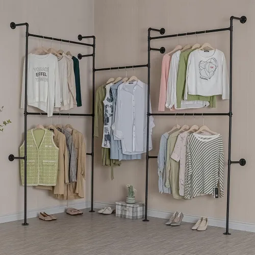 Miniatura 7 de Perchero Industrial de Tubería con 2 Estantes, Perchero de Ropa de Servicio Pesado Montado en Pared Soportes de Exhibición de Tienda de Ropa