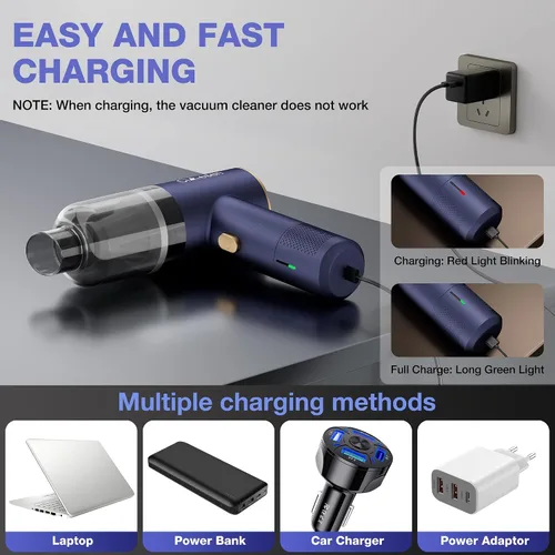 Miniatura 6 de Aspiradora portátil 4 en 1 para automóvil, 12000 Pa, mini aspiradora de mano inalámbrica recargable de 120 W, aspiradora de alta potencia y plumero