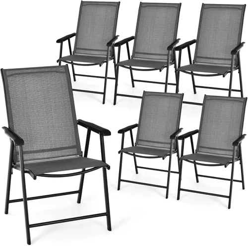 Miniatura 13 de Tangkula Juego de 2 sillas plegables para patio, sillas de comedor de tela para exteriores con respaldo alto y reposabrazos, marco de metal Negro