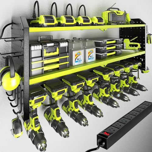 Miniatura 7 de KAFAHOM Organizador de herramientas eléctricas con estación de carga, regleta de alimentación integrada de 8 tomas, soporte de pared grande para 8