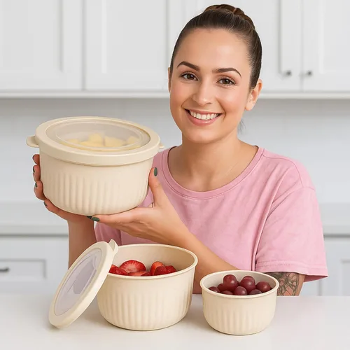 Miniatura 4 de Classic Cuisine - Juego de 3 cuencos con tapas, aptos para microondas, congelador y refrigerador, artículos esenciales de cocina ecológicos (beige)