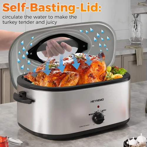 Miniatura 7 de Horno rostizador eléctrico, con tapa visible y autohumectante, grande, con descongelado y mantenimiento de calor, temperatura ajustable, bandeja