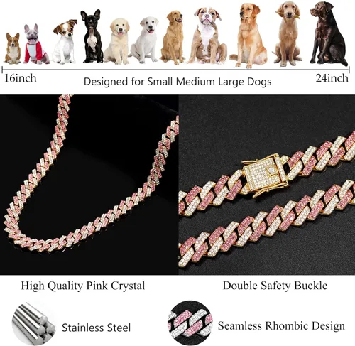 Miniatura 4 de Collar de cadena dorada para perro, collar cubano de diamantes para caminar, collar de cadena de metal con diseño de hebilla segura, collares