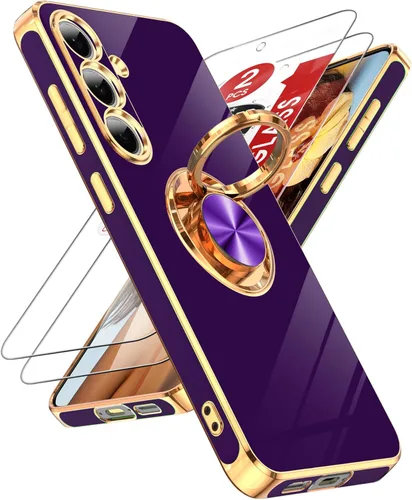 Miniatura 105 de LeYi Funda para Samsung Galaxy S22 Ultra con soporte de anillo giratorio de 360°, soporte magnético, chapado en oro rosa, borde protector para Negro