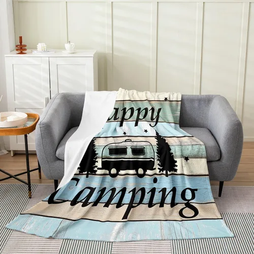 Miniatura 29 de jejeloiu Manta de cama de campamento para todas las estaciones, manta de franela de vellón con temática de campamento feliz, manta peluda de madera