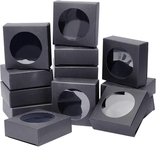 Miniatura 5 de BENECREAT Paquete de 24 cajas de papel kraft con ventana transparente de 3 x 3 x 1.2 pulgadas, cajas de embalaje de regalo de papel kraft negro