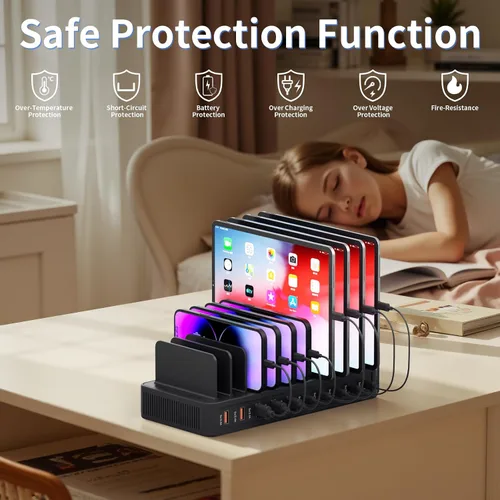 Miniatura 3 de Estación de carga de 60 W para múltiples dispositivos, estación de carga rápida USB de 10 puertos con divisores ajustables, base de carga