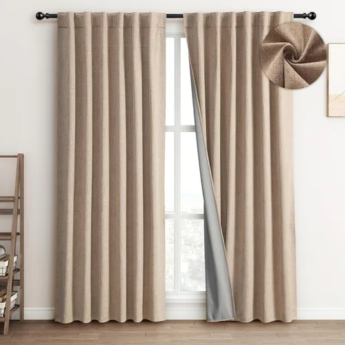 Miniatura 6 de FLORECORD Cortinas de lino 100% opacas de 52 pulgadas de ancho x 84 pulgadas de largo, juego de 2 paneles de cortinas opacas con aislamiento térmico