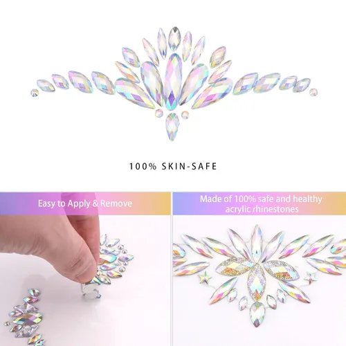 Miniatura 5 de SAOROPEB Gemas faciales – 6 juegos de joyas de cara de sirena, calcomanías temporales de tatuaje, calcomanías de acrílico con purpurina de cristal