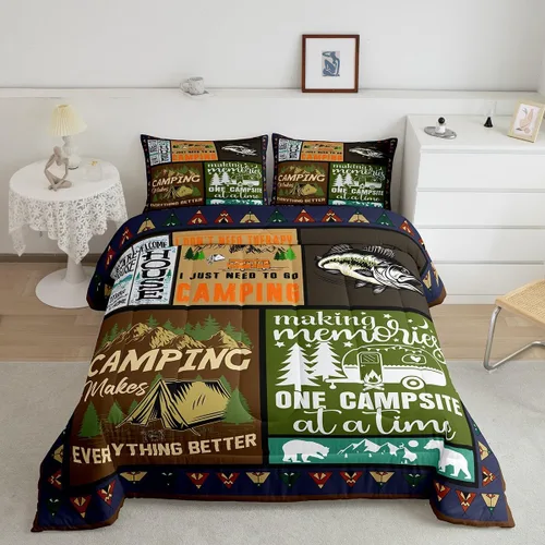 Miniatura 13 de Juego de ropa de cama de campamento para niños, tamaño individual, juego de edredón de gnomos kawaii para niños y niñas, edredón vintage de madera