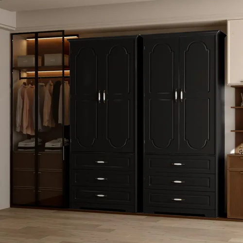 Miniatura 2 de FJTJBSI Armario Armario con 3 cajones y luz LED de 72 pulgadas, armario de madera para dormitorio con 2 puertas y manijas de puerta de cerámica