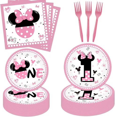 Juego de 50 vajilla rosa para fiesta de primer cumpleaños para niñas, un juego de vajilla para niñas, un plato de papel, servilletas, tenedores para