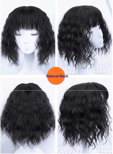 Miniatura 2 de Toppers de pelo sintético rizado con flequillo para mujeres con cabello delgado, piezas de cabello con clip de 14 pulgadas, negro natural