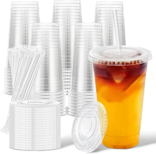 Miniatura 9 de Clawsoff Paquete de 100 vasos desechables de plástico transparente de 20 onzas con tapas y popotes, a prueba de fugas, resistentes a las fugas