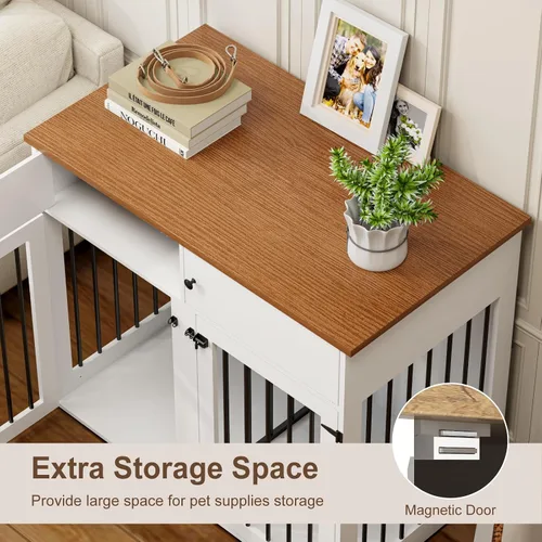 Miniatura 4 de Mueble de jaula para perros grande, perrera de interior de 41 pulgadas con divisor removible y puertas dobles, jaulas de madera para perros para 2
