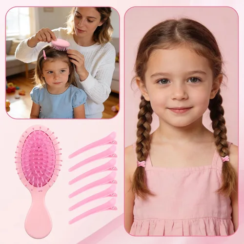 Miniatura 6 de ProSuites Juego de 76 cepillos de pelo rosa para bebés y niñas, cepillo de cuero cabelludo con asa, cepillo desenredante para el cabello, botella