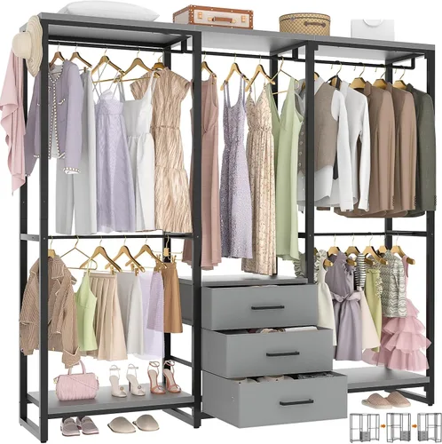 Aheaplus Perchero de ropa resistente para colgar ropa, estante de ropa con cajones, estante de madera para armario independiente, organizador de Gris