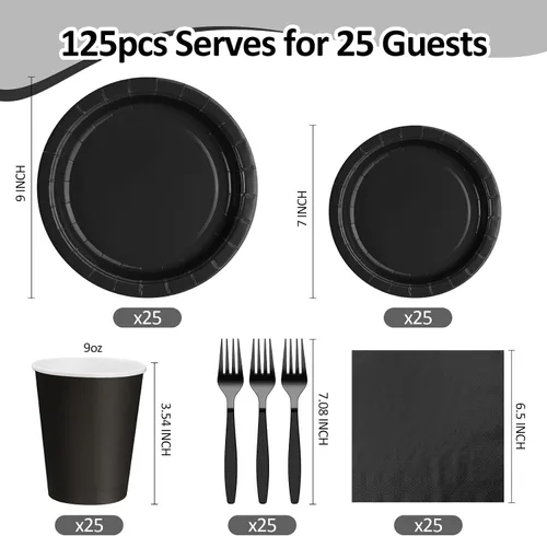 Miniatura 2 de Platos y servilletas de papel negro, platos desechables para fiestas, incluye platos de 7 y 9 pulgadas, tazas, servilletas, tenedores, suministros