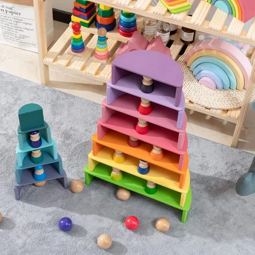 Miniatura 5 de Juguete apilable de madera de arco iris, apilador de 12 piezas, bloques de construcción de rompecabezas de anidación extragrandes, juguetes
