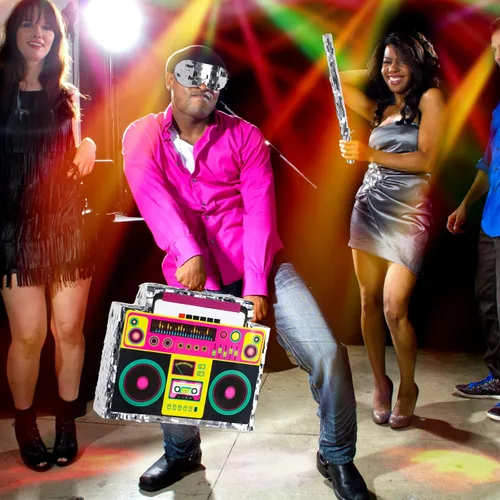 Miniatura 6 de Boombox Piñata con palo con los ojos vendados de los años 80, hip hop, juego de piñata mexicana para fiesta de regreso a los 80, regalos de radio