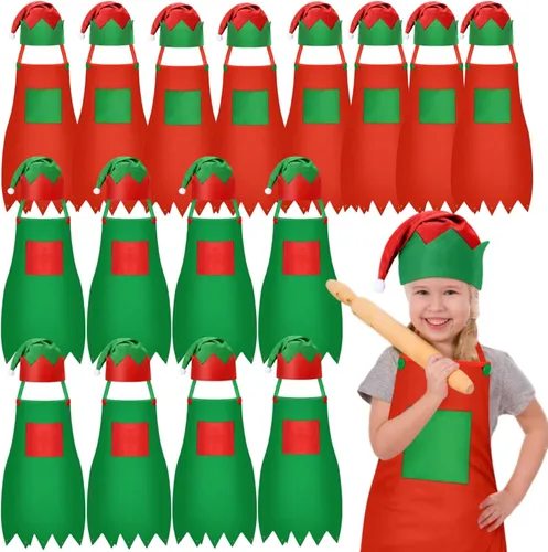 Miniatura 8 de Handepo - Conjunto de delantal y gorro de elfo navideño para niños, sombreros de Papá Noel para niños, suministros de fiesta navideña para niños