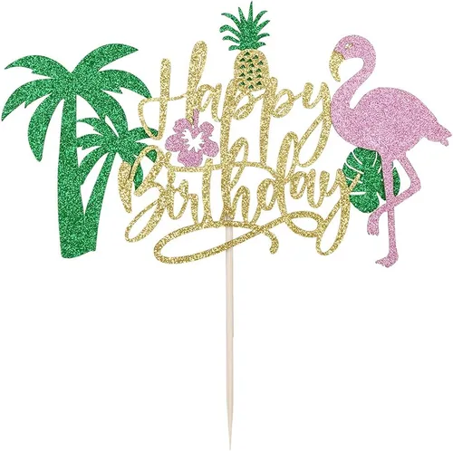 Miniatura 5 de PALASASA Decoración para tartas de cumpleaños con flamenco con purpurina, temática hawaiana de piña tropical Luau para niños y niñas, suministros