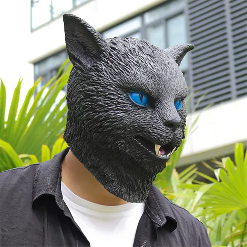 Miniatura 3 de NA - Máscara realista de látex de cabeza completa para gato, máscara de animal de terror, máscara de gato negro para Halloween, Navidad, accesorios