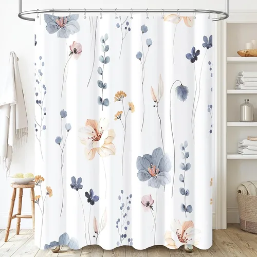 Juego de cortinas de ducha – Cortina de baño floral con flores azules y beige, cortina de ducha para baño, juego de cortina de ducha de tela